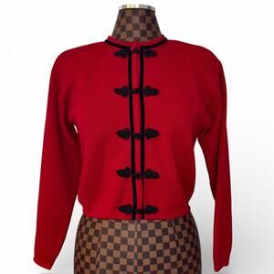 Talbots Red Cardigan Sweater Womens Size P Large Wool Velvet Trim Preppy Vtg 90s